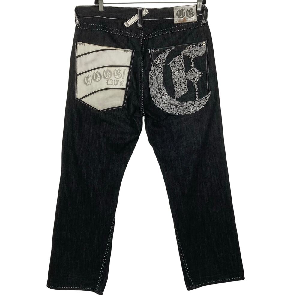 Vintage Y2K COOGI LUXE Jeans Men 38x34 Blue Dark-Wash Wide Baggy Logo-Embroidery